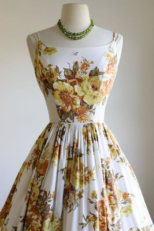 Vintage 1950s Floral Dress - Stunning White Dijon Mustard Olive Sienna Rose Floral Print Princess Sundress Size S