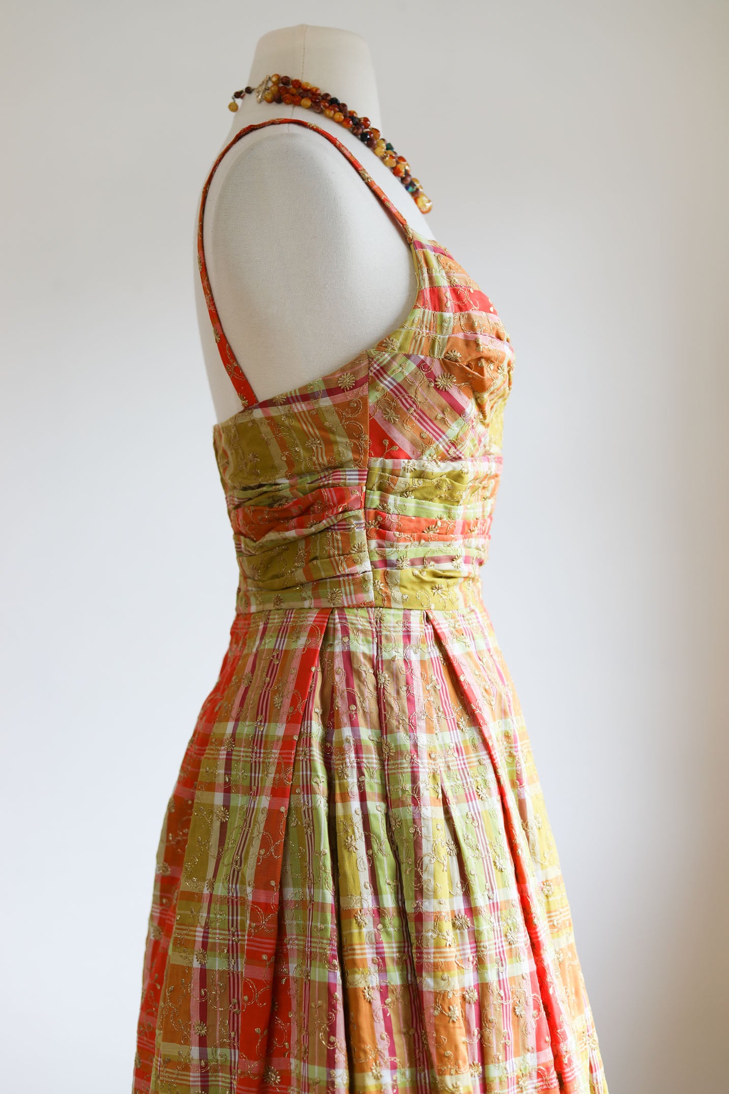 Vintage 1950s Greta Plattry Designer Dress - SPARKLING Citrus Madra Plaid Sundress w Sculpted Bust + Metallic Embroidery Size XS to Small