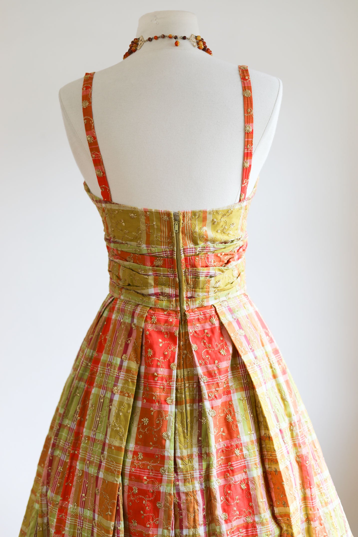 Vintage 1950s Greta Plattry Designer Dress - SPARKLING Citrus Madra Plaid Sundress w Sculpted Bust + Metallic Embroidery Size XS to Small