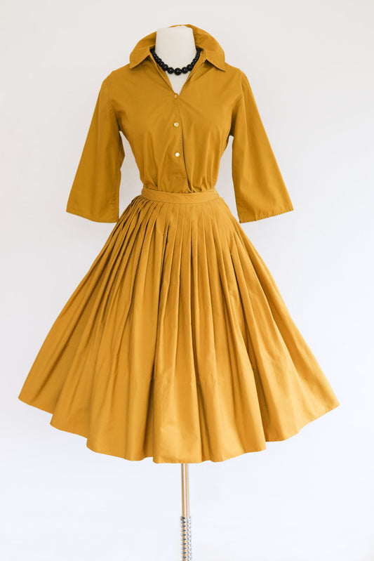 Vintage 1950s to 1960s Miss Pat Blouse + Skirt - BOLD Butterscotch Saturated Cotton Tailored Top + Full Skirt Dress Set Size S