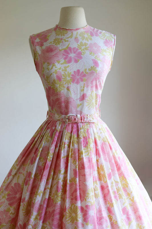 Vintage 1960s Floral Dress - Darling Candy Pink Golden Olive Sketchy Mod Rose Print Sundress Size S