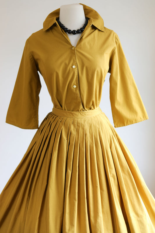 Vintage 1950s to 1960s Miss Pat Blouse + Skirt - BOLD Butterscotch Saturated Cotton Tailored Top + Full Skirt Dress Set Size S