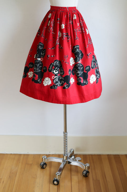 Vintage 1950s Novelty Skirt - Cherry Red French Poodles Eiffel Tower Paris Artist Cotton Flannel Size S