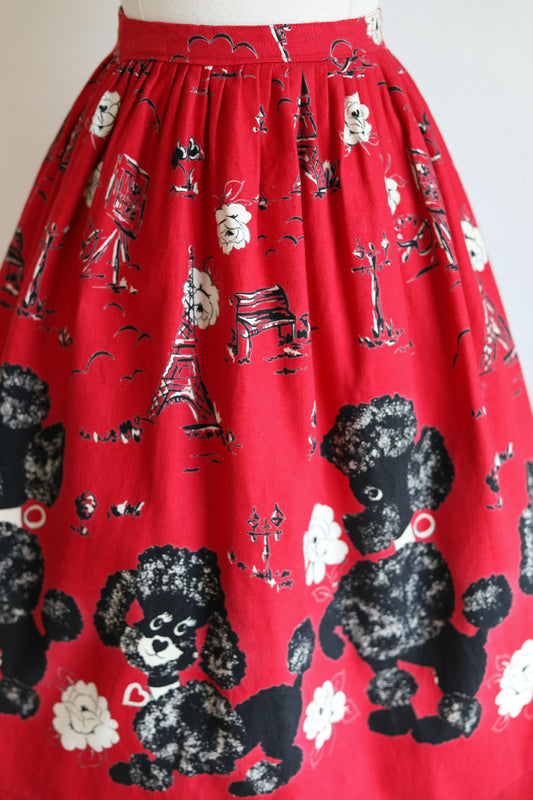 Vintage 1950s Novelty Skirt - Cherry Red French Poodles Eiffel Tower Paris Artist Cotton Flannel Size S