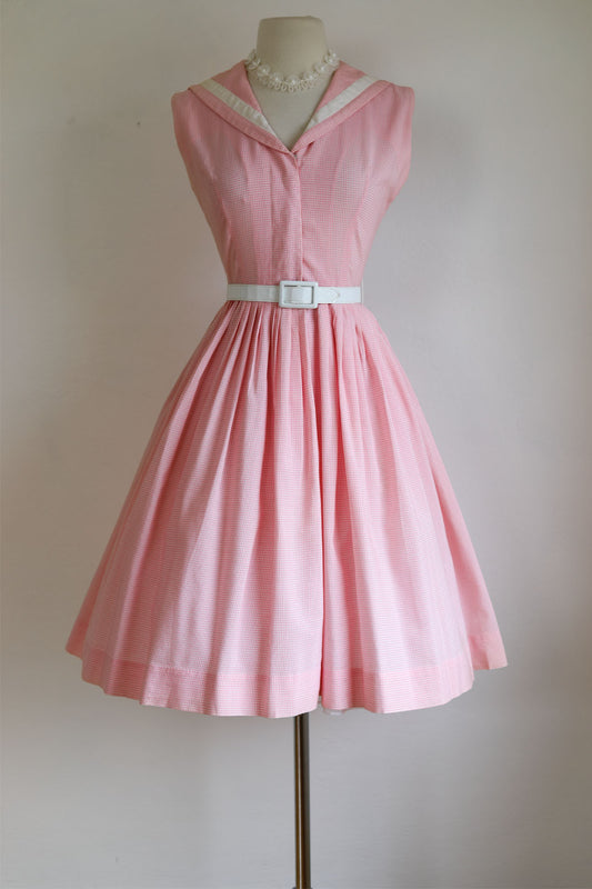 Vintage 1950s to 1960s Sailor Collar Dress - Cute! Pink White Gingham Plaid Shirtwaist Sundress Size S