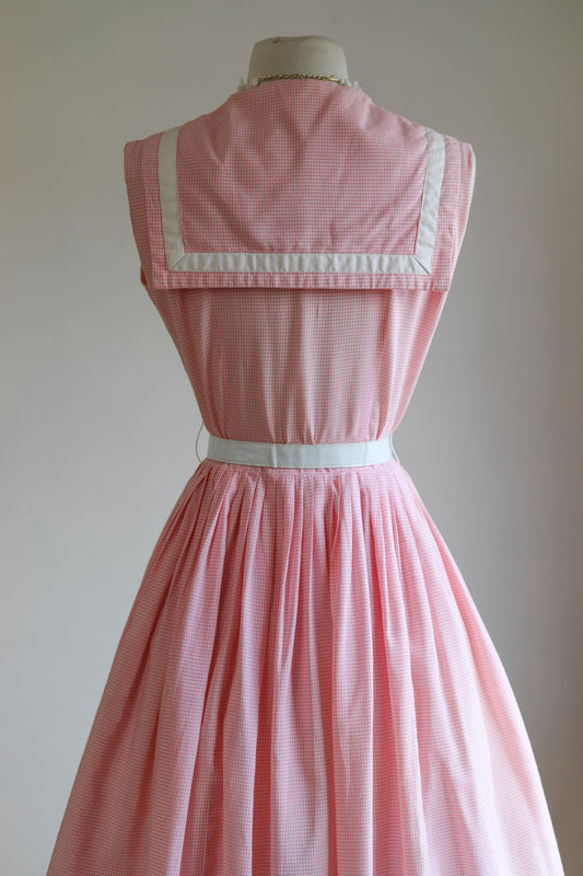 Vintage 1950s to 1960s Sailor Collar Dress - Cute! Pink White Gingham Plaid Shirtwaist Sundress Size S