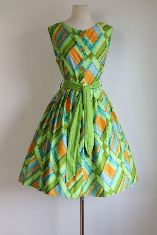 Vintage 1960s Dress - Volup! Green Olive Blue Orange Pure Cotton Basketweave Mod Sundress w Sash Size L to XL