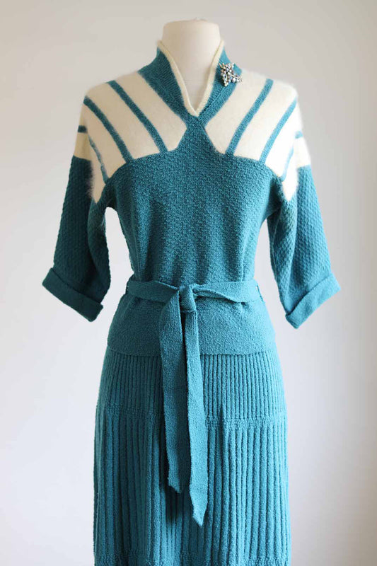 Vintage 1950s (Documented 1954) Knit Suit - KNOCK-OUT Teal + Ivory Wool Boucle + Angora Knitwear Sweater Top + Skirt Size S to M