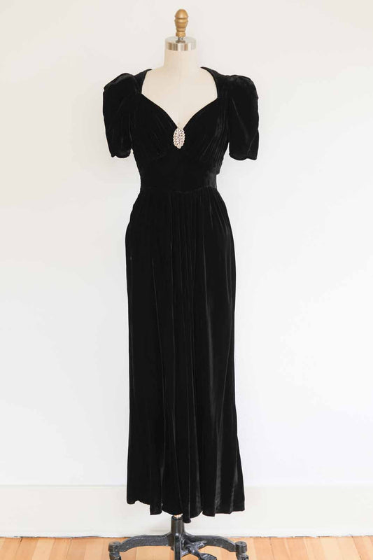 Vintage 1930s Velvet Gala Dress - BEAUTIFUL Black Bias-Cut Full-Length Gown w Puff Sleeves Size XS to S