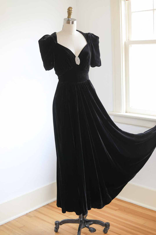 Vintage 1930s Velvet Gala Dress - BEAUTIFUL Black Bias-Cut Full-Length Gown w Puff Sleeves Size XS to S