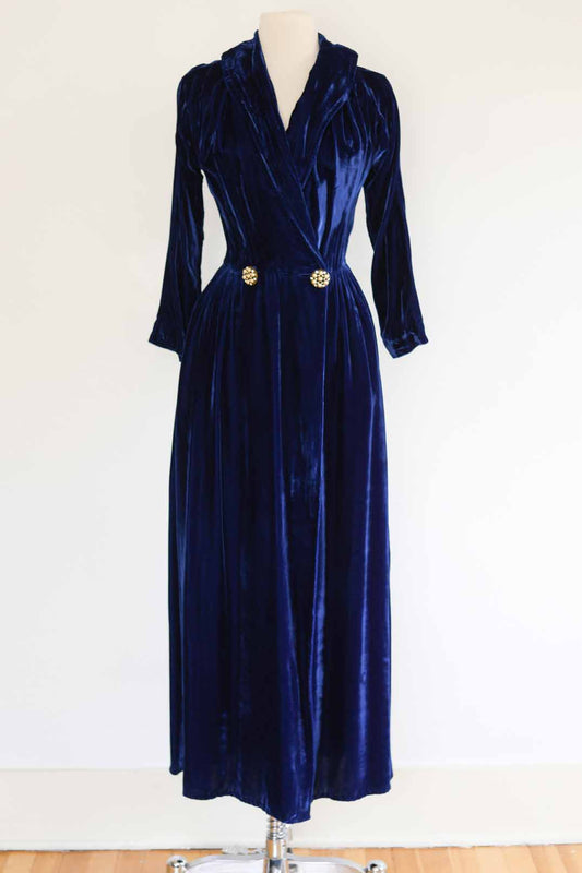 Vintage 1940s Velvet Hostess Coat - STUNNING Sapphire Blue Full-Length Wrap Designer Robe Size S to M