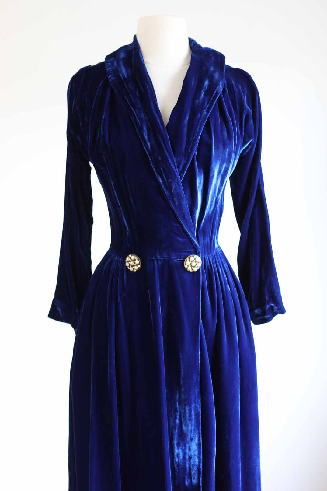 Vintage 1940s Velvet Hostess Coat - STUNNING Sapphire Blue Full-Length Wrap Designer Robe Size S to M