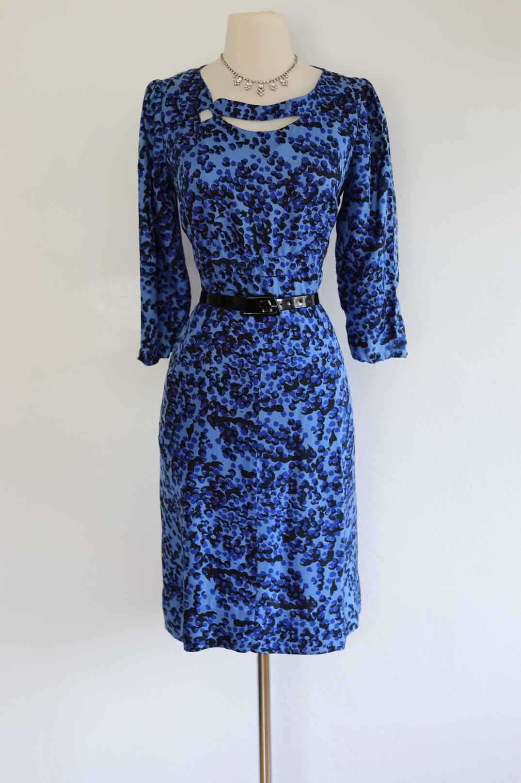 Vintage 1950s Abstract Leopard Print Silk Dress - BOLD Cobalt Black w Asymmetrical Neckline Cut-out Hourglass Cocktail Size L