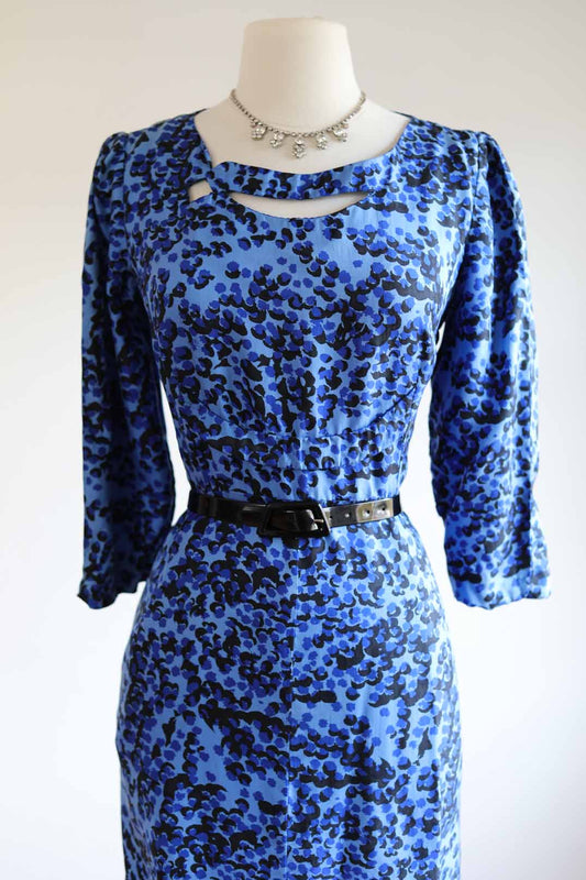 Vintage 1950s Abstract Leopard Print Silk Dress - BOLD Cobalt Black w Asymmetrical Neckline Cut-out Hourglass Cocktail Size L