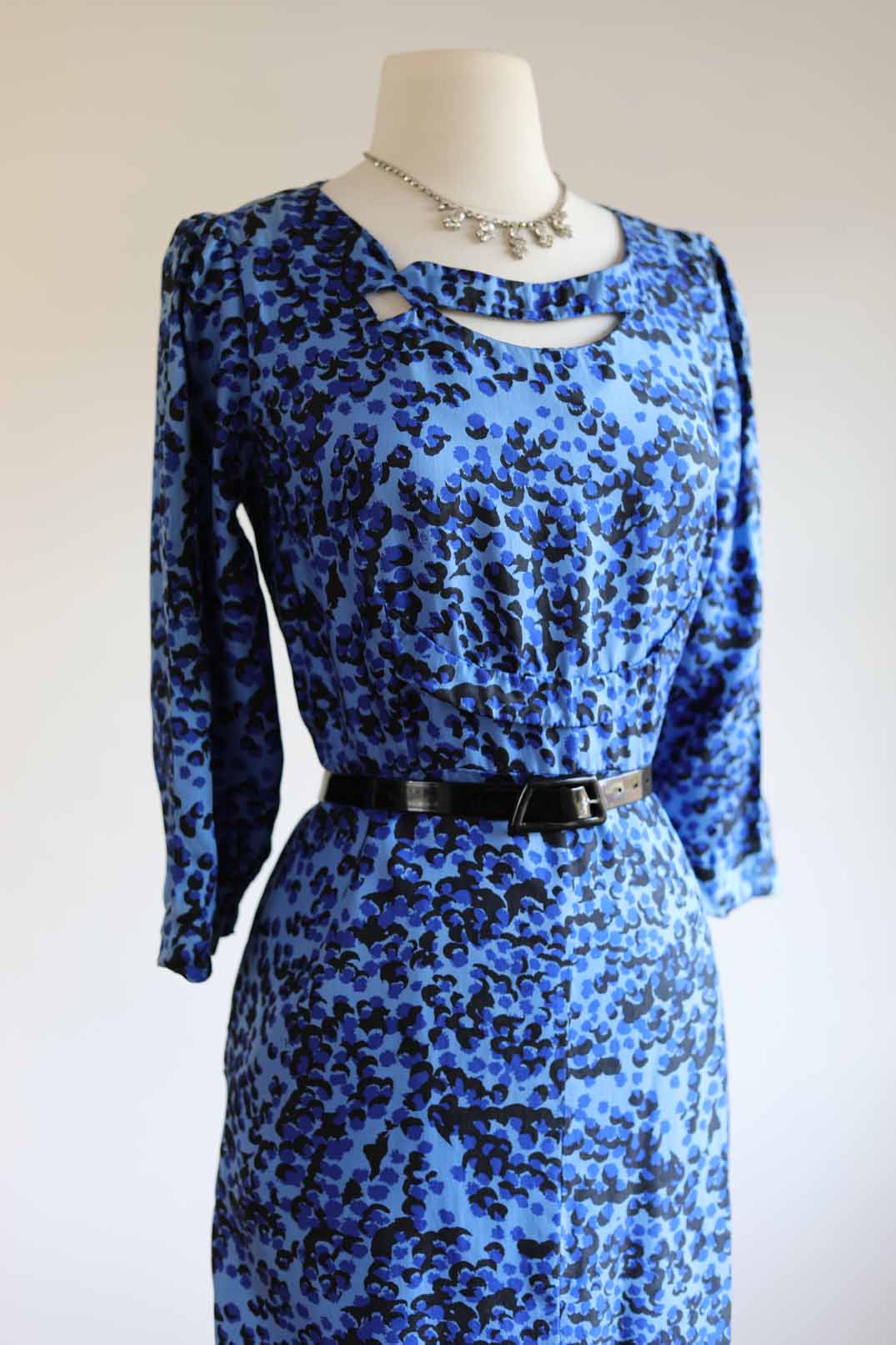 Vintage 1950s Abstract Leopard Print Silk Dress - BOLD Cobalt Black w Asymmetrical Neckline Cut-out Hourglass Cocktail Size L