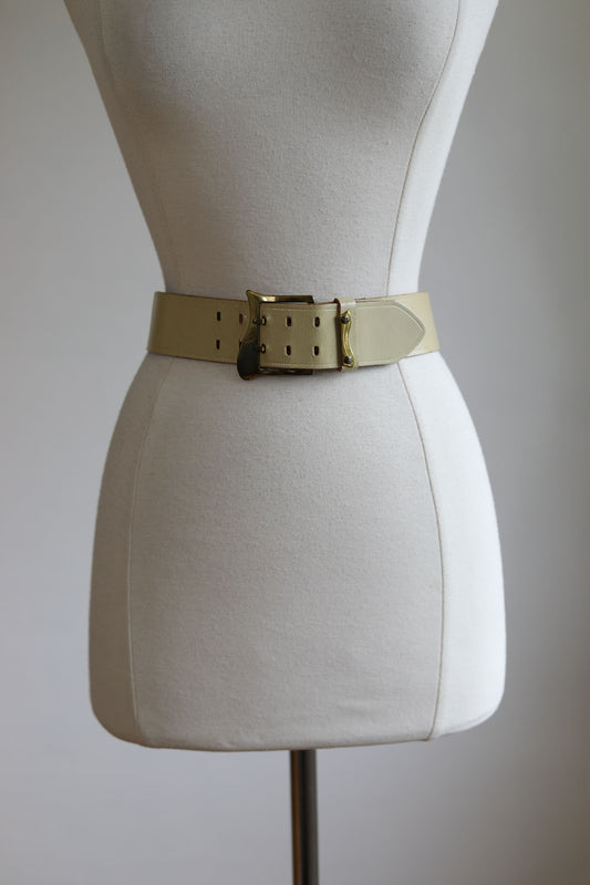 BELTOPIA! Vintage 1950s Wide Belt - Wide French Ivory Leather + Brass Joyce Lane Belt Size S