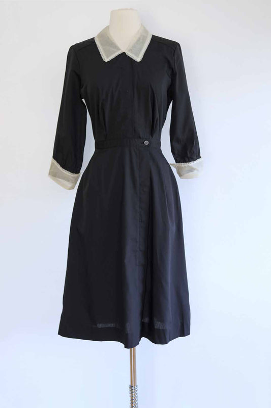 Vintage 1950s to 1960s "French Maid" Dress - SWEET Black White Cotton Blend + Organza Shirtwaist Uniform Size S