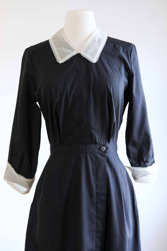 Vintage 1950s to 1960s "French Maid" Dress - SWEET Black White Cotton Blend + Organza Shirtwaist Uniform Size S