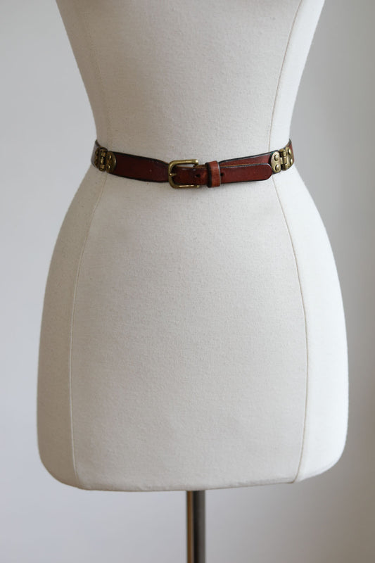 BELTOPIA! Vintage 1950s Double-Hinge Belt - Whiskey Leather + Brass Slim Cincher Size S to M