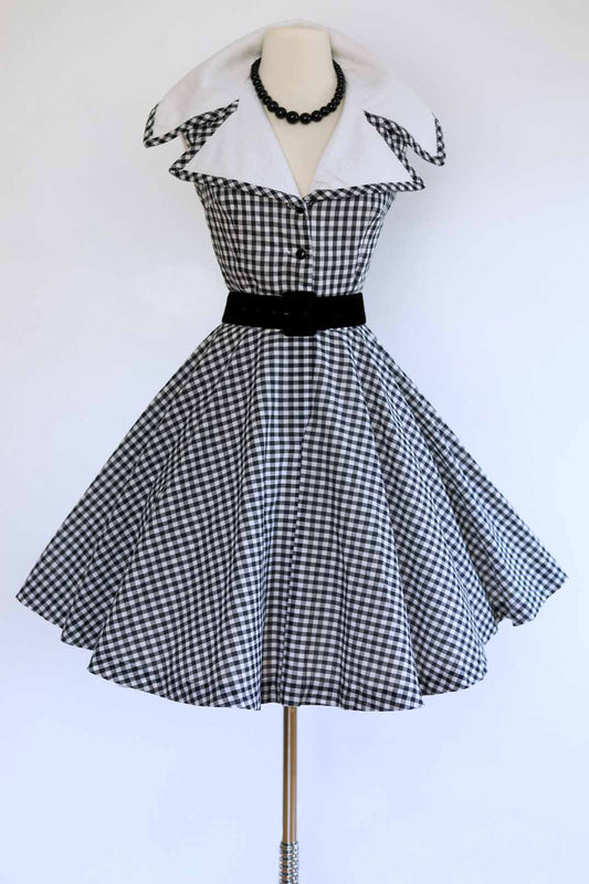 Vintage 1960s Jan Sue of California Dress - SO CUTE Black White Gingham Plaid Sundress w Drama Collar + Circle Skirt Size M to L