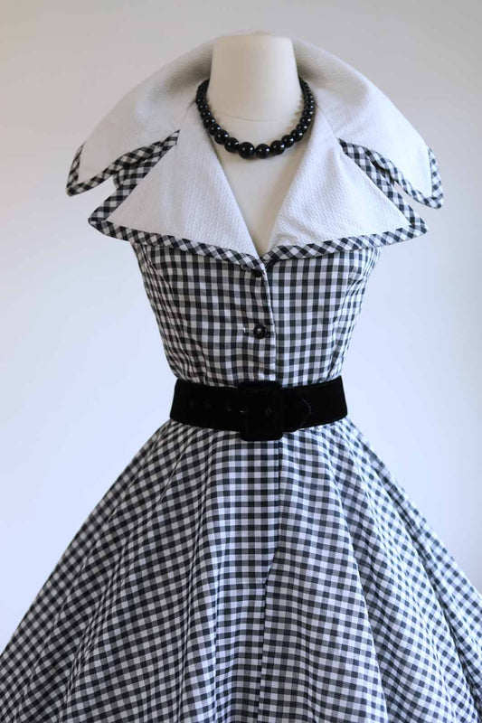 Vintage 1960s Jan Sue of California Dress - SO CUTE Black White Gingham Plaid Sundress w Drama Collar + Circle Skirt Size M to L