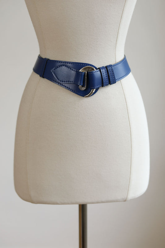 BELTOPIA! Vintage 1950s Cobalt Blue Belt - Wide Leather Calderon Cincher w Wicked Silver C-Hook Hardware Size M to L
