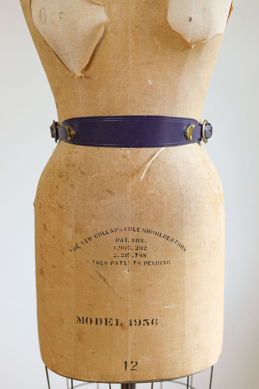 BELTOPIA! Vintage 1950s Violet Belt - Wide Leather Cincher w Double Brass Hardware/Buckles Size S