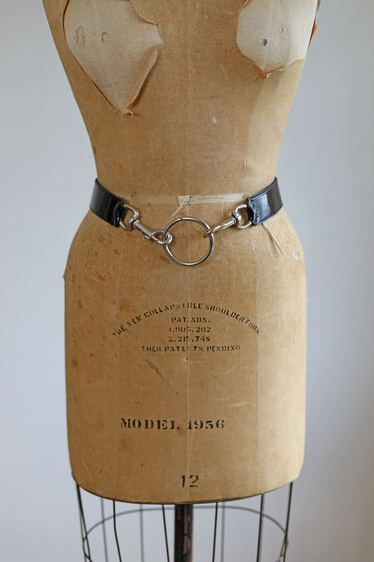 BELTOPIA! Vintage 1980s Two Blondes NY Belt - RARE Industrial-Punk Wet Look Black Vinyl w Fetish Bondage Hardware Size M