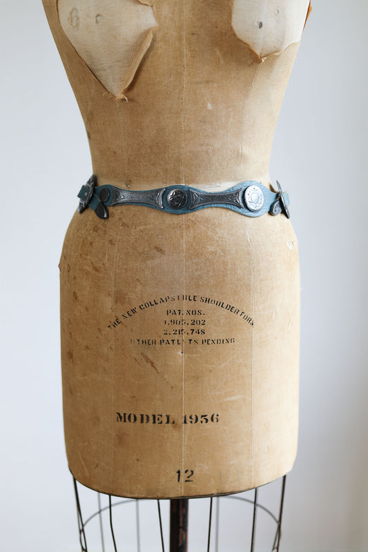 BELTOPIA! Vintage 1980s French Boho-Western Belt - Delphite Blue "J. Le Peleur de Chien" Designer w Silver Conchos Double Buckle Belt Size M to L