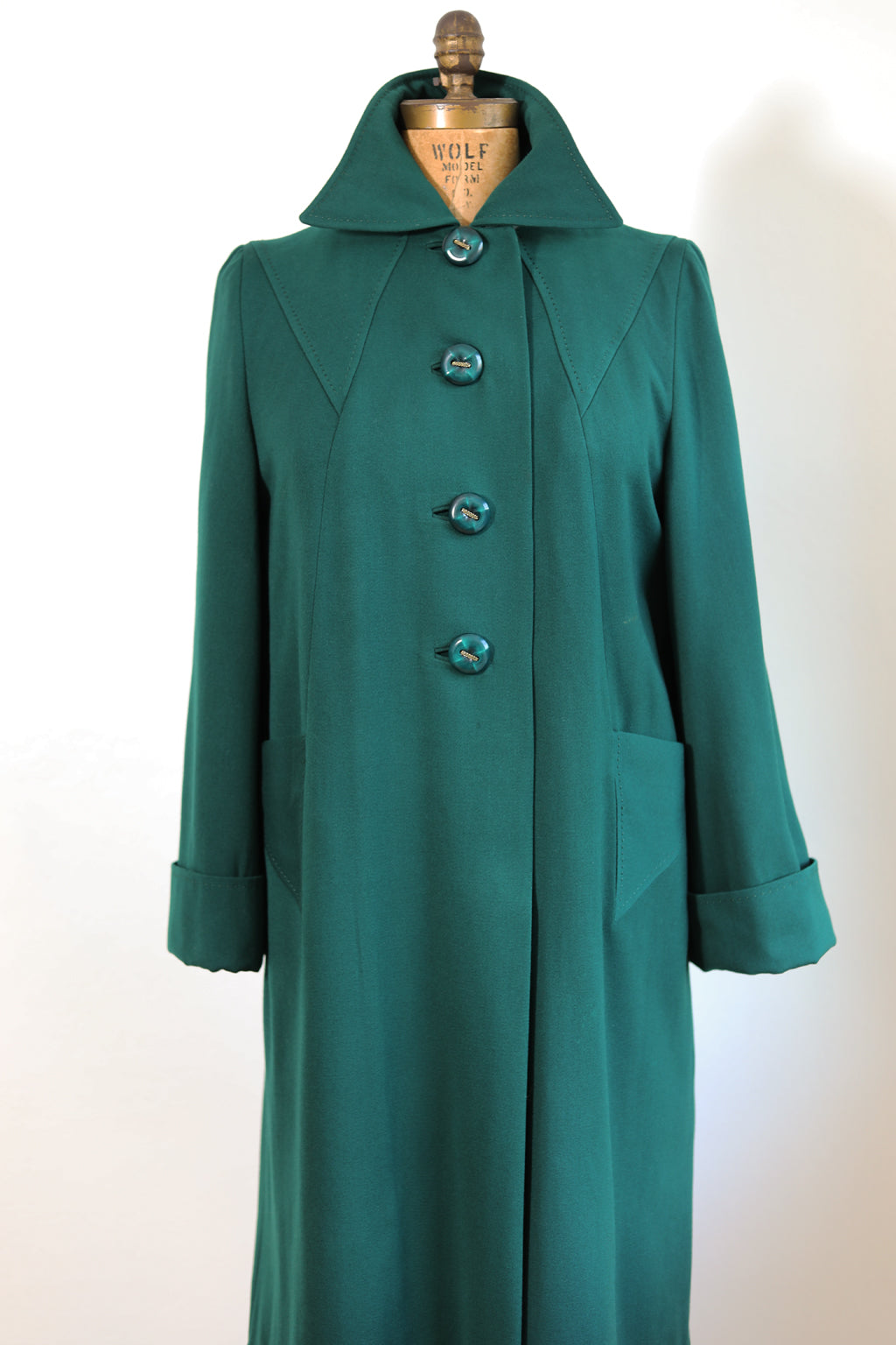 Vintage 1940s A-line Coat - Rare PINE GREEN Gabardine Deco w LUSCIOUS Swirled Plastic Buttons + 9 V Motifs! Size S - M
