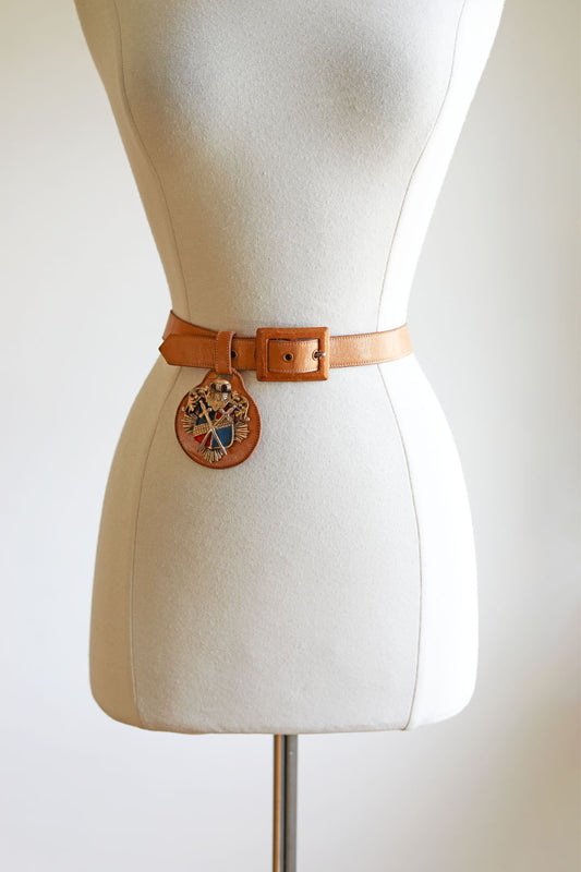 BELTOPIA! Vintage 1950s Caramel Belt - Heraldic Coat of Arms Fob! Leather "Schaffer" Medieval Vibes Size S to M