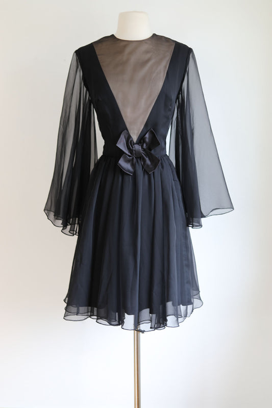 Vintage 1960s Dark Angel Dress - Black Silk Chiffon w Daring "Illusion" V-Neckline + Boho Sleeves Size M to L