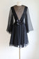 Vintage 1960s Dark Angel Dress - Black Silk Chiffon w Daring "Illusion" V-Neckline + Boho Sleeves Size M to L