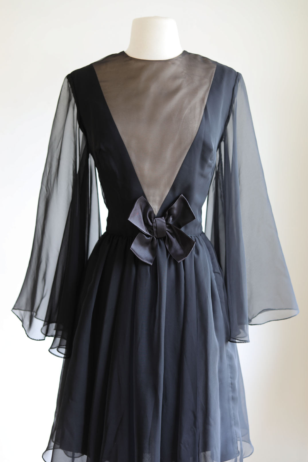 Vintage 1960s Dark Angel Dress - Black Silk Chiffon w Daring "Illusion" V-Neckline + Boho Sleeves Size M to L
