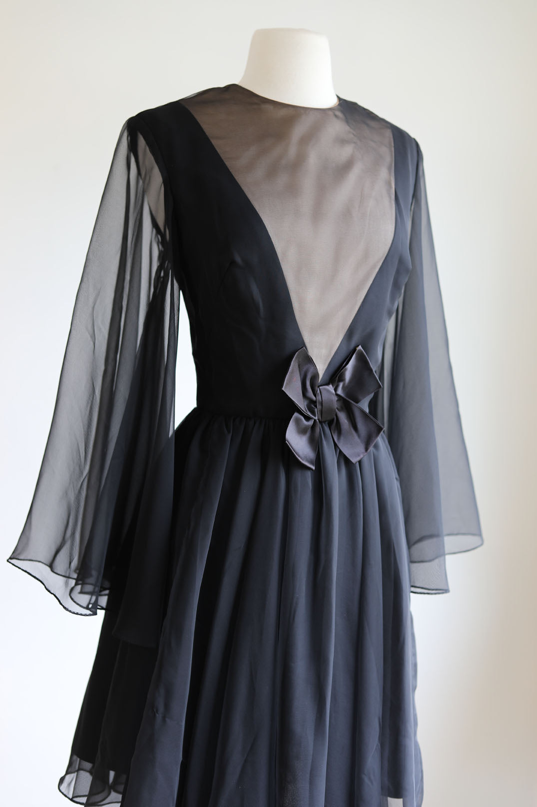 Vintage 1960s Dark Angel Dress - Black Silk Chiffon w Daring "Illusion" V-Neckline + Boho Sleeves Size M to L