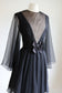 Vintage 1960s Dark Angel Dress - Black Silk Chiffon w Daring "Illusion" V-Neckline + Boho Sleeves Size M to L