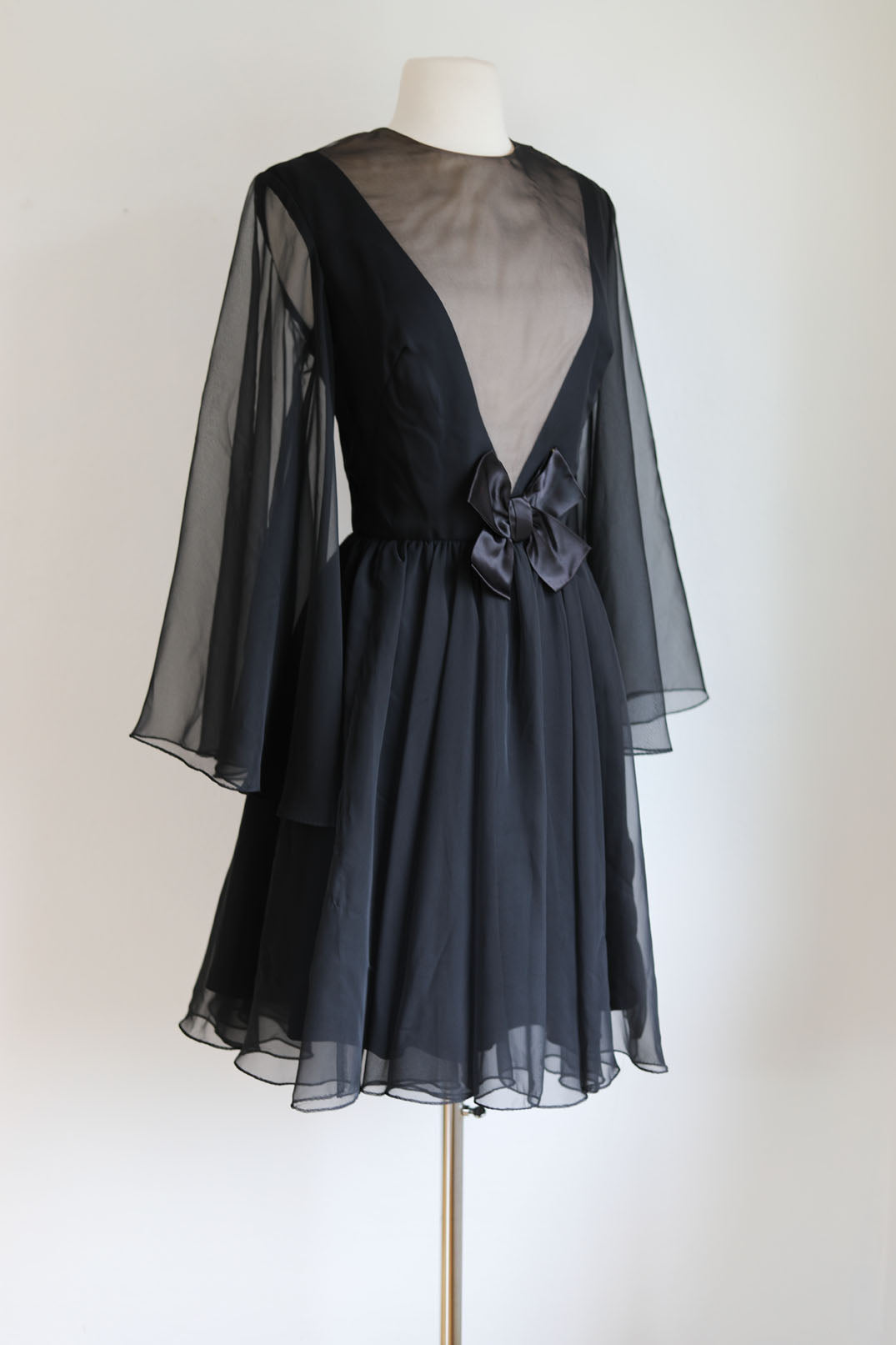 Vintage 1960s Dark Angel Dress - Black Silk Chiffon w Daring "Illusion" V-Neckline + Boho Sleeves Size M to L