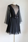 Vintage 1960s Dark Angel Dress - Black Silk Chiffon w Daring "Illusion" V-Neckline + Boho Sleeves Size M to L
