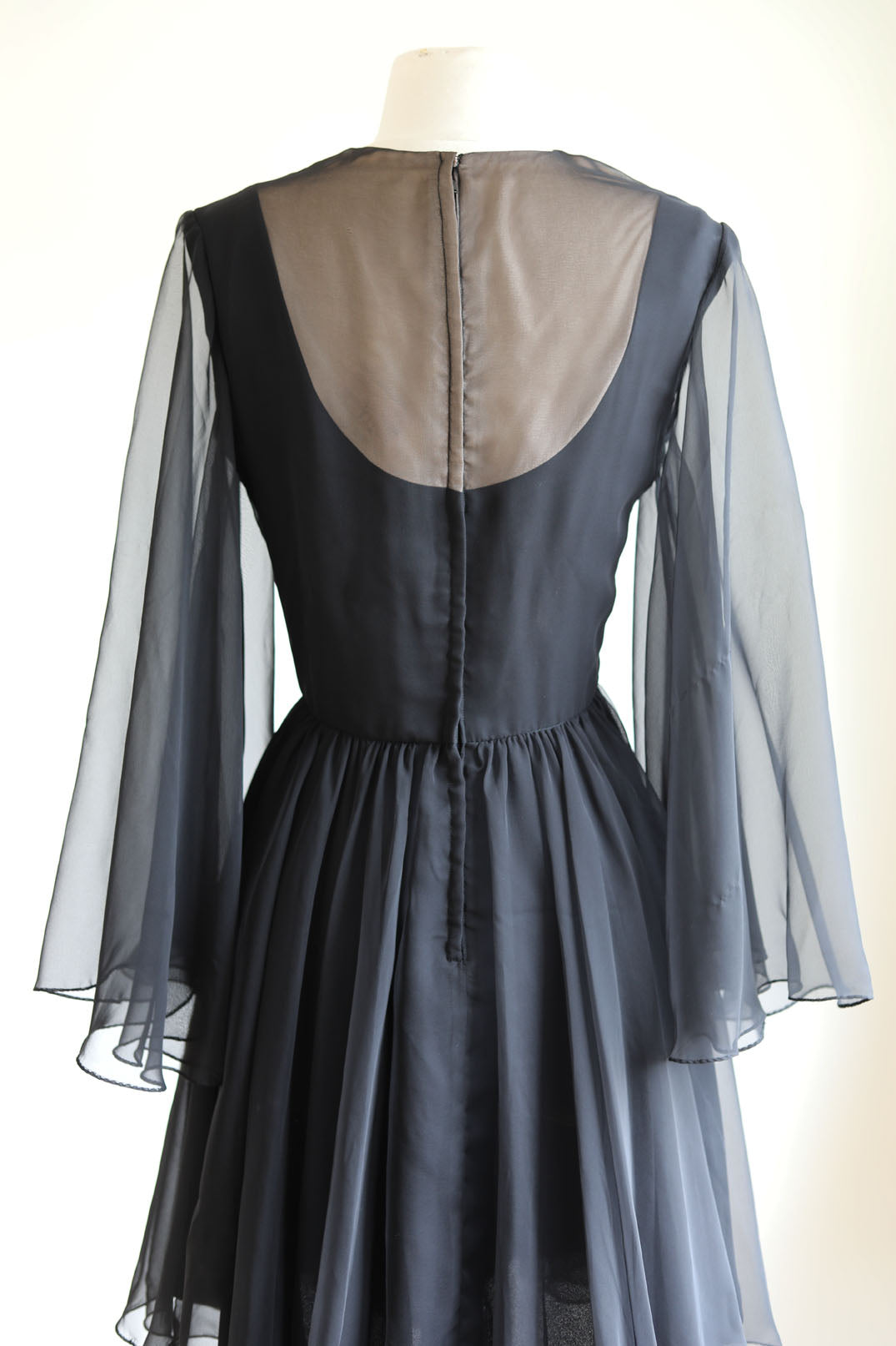 Vintage 1960s Dark Angel Dress - Black Silk Chiffon w Daring "Illusion" V-Neckline + Boho Sleeves Size M to L