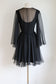 Vintage 1960s Dark Angel Dress - Black Silk Chiffon w Daring "Illusion" V-Neckline + Boho Sleeves Size M to L