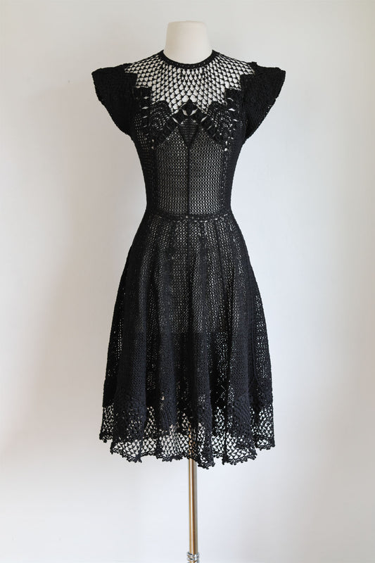 Vintage Crochet Dress - Rare Jet Black Hand-Made Irish-Style Crochet Knit w Spiderweb Motif Size XS to S