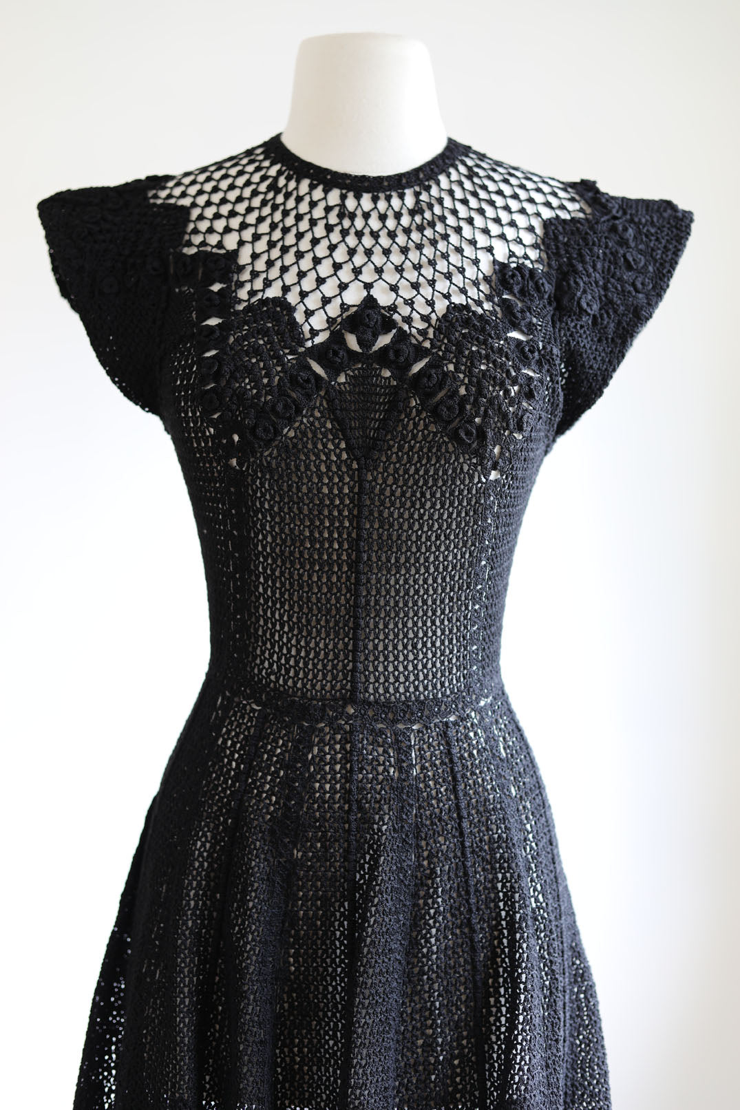 Vintage Crochet Dress - Rare Jet Black Hand-Made Irish-Style Crochet Knit w Spiderweb Motif Size XS to S