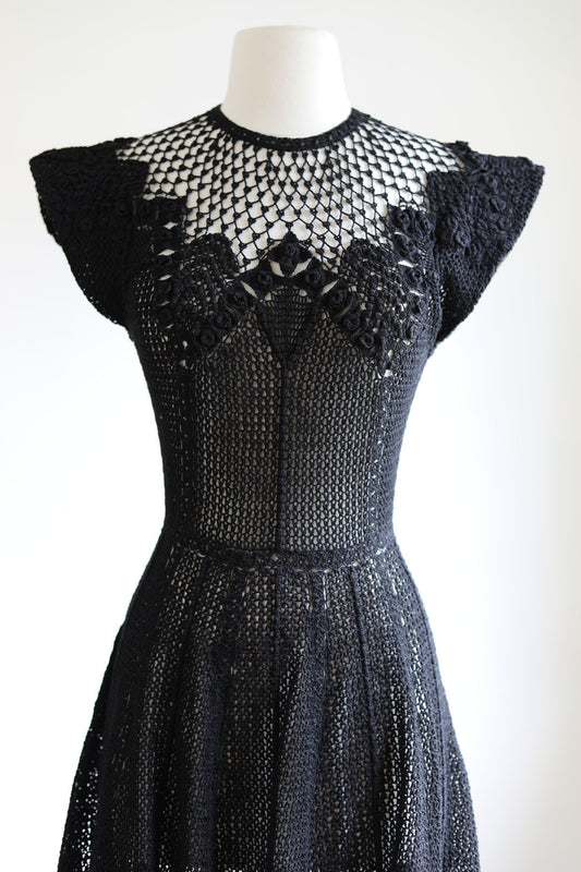 Vintage Crochet Dress - Rare Jet Black Hand-Made Irish-Style Crochet Knit w Spiderweb Motif Size XS to S