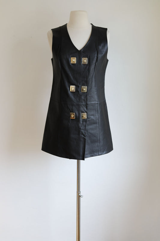 Vintage 1960s Designer Leather Dress - Mod Space Age German Black Princess Mini Brass Turnlocks Size S to M