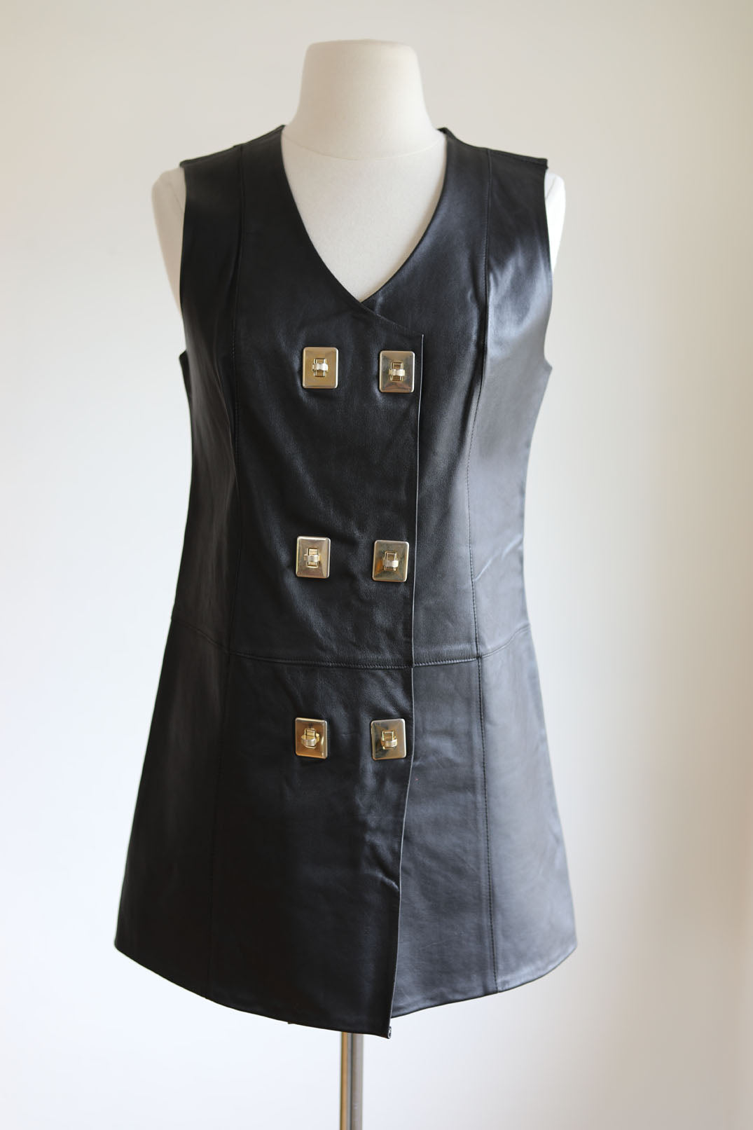 Vintage 1960s Designer Leather Dress - Mod Space Age German Black Princess Mini Brass Turnlocks Size S to M