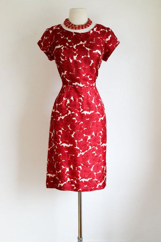 Vintage Early 1960s Dress - Striking Scarlet Red + Ivory White Silk Sculpted Cocktail Wiggle Dress Size M to L