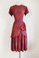 Vintage 1940s Dress - Scarlet, Blue, Lime Deco Print Draped Cold Rayon Dress Size M to L