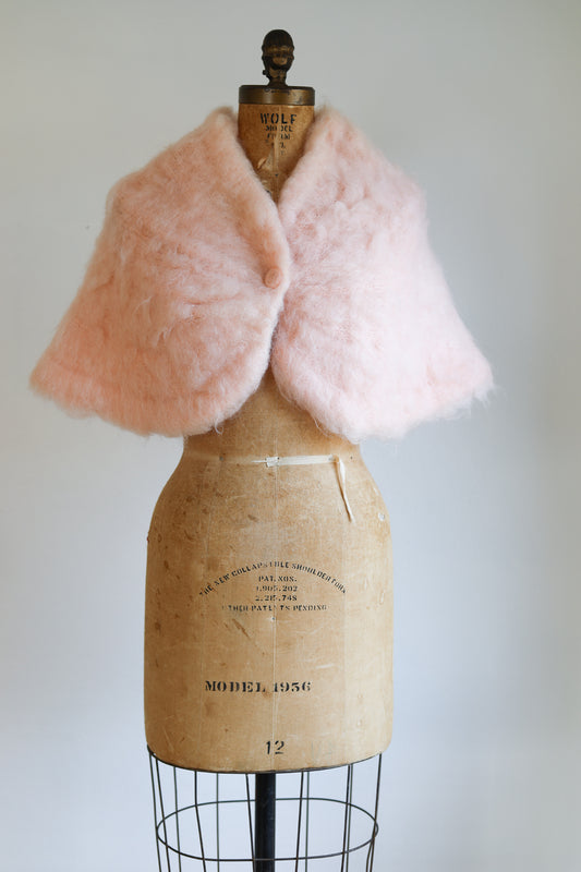 Vintage 1950s Hand-Knit Mohair Capelet - Perf Pastel Pink Fuzzy Soft Shoulder Cropped Shawl Fits Most