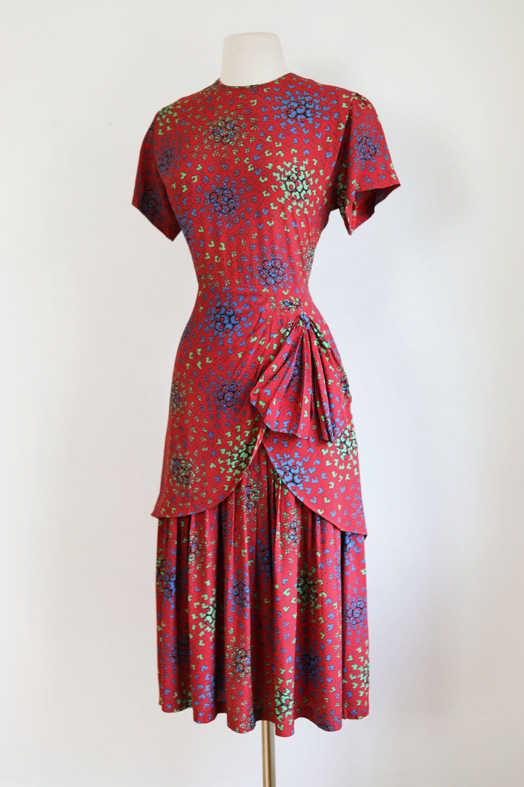 Vintage 1940s Dress - Scarlet, Blue, Lime Deco Print Draped Cold Rayon Dress Size M to L