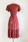 Vintage 1940s Dress - Scarlet, Blue, Lime Deco Print Draped Cold Rayon Dress Size M to L